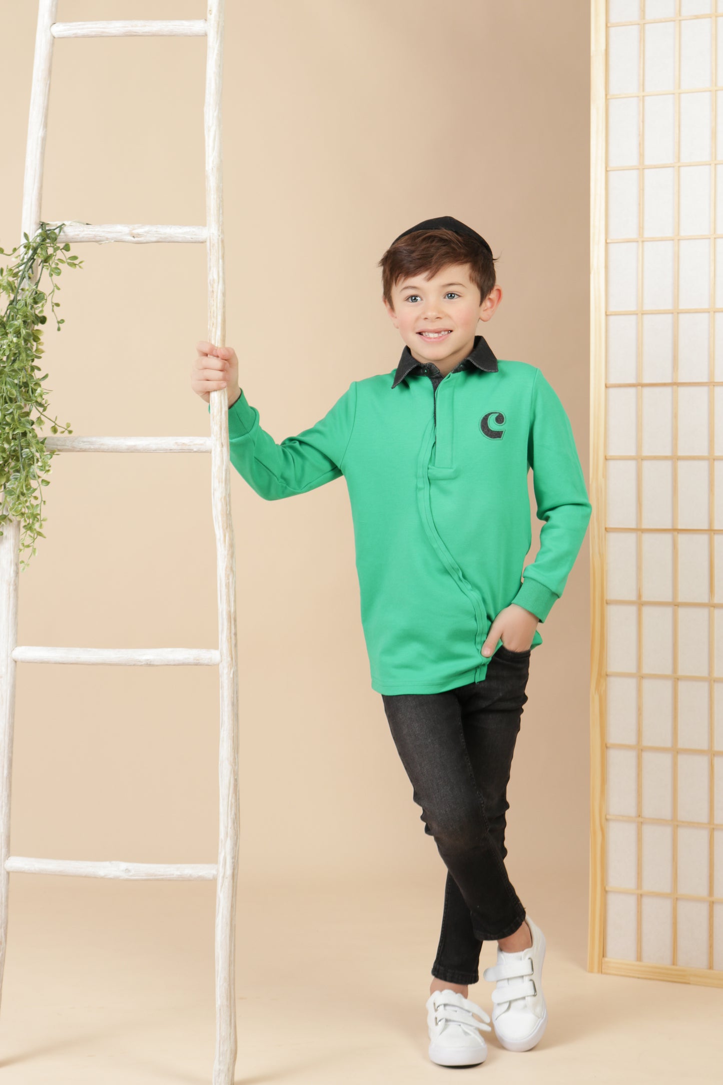 Boys Green/Black Denim Polo