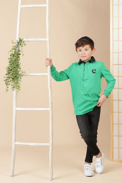 Boys Green/Black Denim Polo